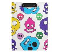Foldable Clipboard White Cartoon Skull Silhouettes A4 Clipboard Folio Binder Two Metal Clips Pen Holder School Clip Board with Cover