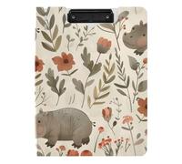 Foldable Clipboard with Storage Cute Hippo Watercolors Flowers Brown Khaki A4 Clipboard Padfolio Horizontal and Vertical Double Clips Office Clip Board with Cover