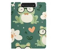 Foldable Clipboard with Storage Green Cute Frogs Glasses Spring A4 Clipboard with Binder Two Metal Clips Pen Holder Office Clip Board with Cover