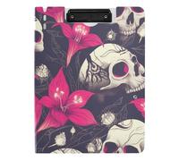 Foldable Clipboard with Storage Human Skulls Hot Pink Lily Flowers Dark Style A4 Clipfolio Two Metal Clips Pen Holder Office Clip Board with Hard Cover