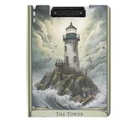 Foldable Clipboard with Storage Lighthouse Sketch Story Black White A4 Clipboard Padfolio Double Clips Pen Holder Office Clip Board with Cover