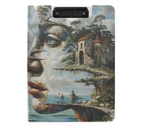 Foldable Clipboard with Storage Oil Painting Art Face House Sea Abstract A4 Clipboard Folio Horizontal and Vertical Double Clips Office Clip Board with Hard Cover