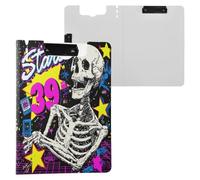 Foldable Clipboards 80s 90s Skull Shining Stars Graffiti A4 Clipboard with Padfolio Horizontal and Vertical Double Clips Office Clip Board with Hard Cover