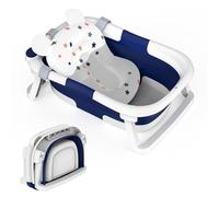 Foldable Collapsible Toddler Bathtub with Bath Support Cushion Pad Seat Mat - Newborn to Toddler 0-24 Months - Portable Travel Baby Bath Tub