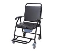 Foldable Commode Chair with Padded Seat, Wheels, and Removable Bucket - Portable Toilet Solution for Elderly and Disabled Mobility Needs