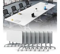 Foldable Conference Table 63in, 8-Pack Rectangular White Training Seminar Table with Silent Wheels for Office, Classroom