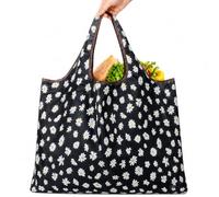 Foldable Daisy Print Nylon Grocery Tote Bag, Built-In Pouch for Shopping | 210T nylon, daisy print, 19.69 x 15.75 in, 7.87 in handle drop, washable, foldable, built-in pouch
