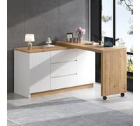 Foldable Desk with Drawers, Corner Desk with Lockable Wheels, Rotating Table, 120x50x76.5 cm, White & Oak - Space-Saving and Stylish Home Office Solution