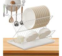 Foldable Dish Rack with Drip Tray - 2 Tier Countertop Dish Drainer for Kitchen Sink, Space Saving Design, Adjustable Cutlery Holder, Kitchen Essentials