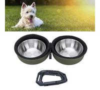 Foldable Dog Food Water Bowl with EVA Bag and Clip, Portable Stainless Steel Travel Pet Double Bowls for Outdoor Camping, 180 Degrees Flip Over, Collapsible, Ideal for Pet Owners