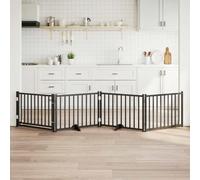 Foldable Dog Gate with Door, 4 Panels Black Solid Fir Wood, 320 cm Total Length, Freestanding Pet Barrier for Home, Stairs, Doorway