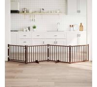 Foldable Dog Gate with Door, 4 Panels Brown Oak Solid Fir Wood, 320 cm Wide Pet Barrier for Living Room, Kitchen, Stairs, Doorway