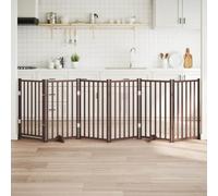 Foldable Dog Gate with Door, 6 Panels, Brown Oak Solid Fir Wood, 300 cm Wide, Freestanding Pet Barrier for Indoor Home Safety