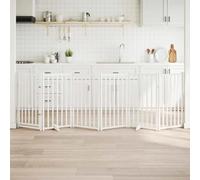 Foldable Dog Gate with Door, White 6-Panel Solid Fir Wood, 300 cm Wide, Freestanding Pet Barrier for Home, Living Room, and Stairs