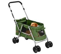 Foldable Dog Pram, Green, 100 x 49 x 96 cm, Linen Fabric with Net, Wheels and Brake, Transport Trolley for Dogs, Cats, Puppies, Senior, Outdoor Buggy for Walks and Travel