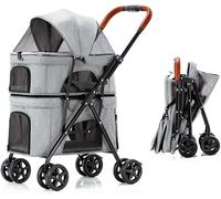 Foldable Dog Pram Pushchair with Skylight Doublelayer Pet Stroller 4 Wheels Cat Travel Cart Pushchair Breathable Travel Carrier Pet Dog Pram Stroller for 2 Dogs/Cats(Color:Grey a)
