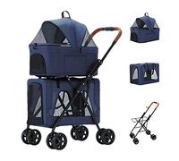 Foldable Double Pet Stroller for 2 Dogs/Cats Breathable Travel Carrier Detachable Cage Double-Layer Pet Trolley Cat Dog Strollers (Blue) (Blue)