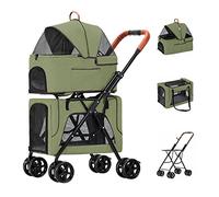 Foldable Double Pet Stroller for 2 Dogs/Cats Breathable Travel Carrier Detachable Cage Double-Layer Pet Trolley Cat Dog Strollers (Blue) (Green)