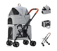 Foldable Double Pet Stroller for 2 Dogs/Cats Double-Layer Pet Trolley Cat Dog Strollers Great for Twin Or Multiple Breathable Travel Carrier Detachable (Blue) (Grey a)