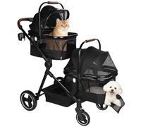 Foldable Double Pet Stroller for 2 Small Medium Cats Dogs, Lightweight Single and Double Integrated Pet Stroller with Detachable Carriers