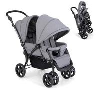 Foldable Double Stroller, Baby Tandem Pushchair w/Multi-Level Backrest, Canopy, Handle & Footrest, Safety Belt & Brake System, Travel Seating Stroller w/Lockable Wheels (Light Grey)