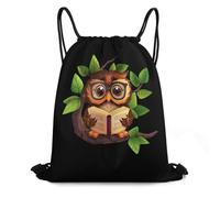 Foldable Drawstring Bag Cute Owl Reads Book Cinch Sack Eco Friendly Sport Gym Sack for Teenager Adults Beach 36X42cm