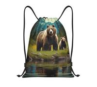 Foldable Drawstring Bag River Bear Mom String Sackpack Personalised Trainer Bags for Shopping Girls Activities 36X42cm