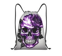 Foldable Drawstring Sport Bag Purple Roses And Skull Print Swimming Backpack Unisex String Sackpack For Boys Men Adults 36X42Cm