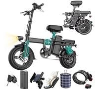 Foldable Electric Bike, 14" Portable Folding E-Bike, City Commuter Bike, 48V 10AH Removable 40 KM Battery, Brushless Motor, 25KMH Speed, Disc Brakes, Quadruple Suspension, 3 Riding Modes, Rear Seat