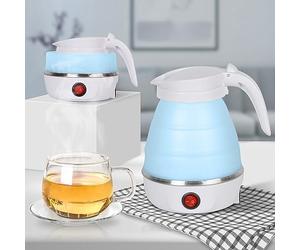 Foldable Electric Travel Kettle,600ml Portable Kettle Silicone Collapsible Heating Water Boiler Tea Pot for Camping,Easy for Storage with Separable Power Cord (Blue)