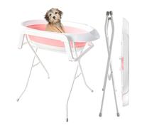 Foldable Elevated Pet Bath Station, Portable Raised Bathtub for Small Dogs & Cats with Drain Hose and Storage Rack, 87cm Full Size Plastic Tub for Back-Saving Pet Cleaning Pink