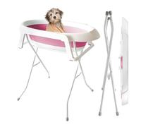 Foldable Elevated Pet Bath Station, Portable Raised Bathtub for Small Dogs & Cats with Drain Hose and Storage Rack, 87cm Full Size Plastic Tub for Back-Saving Pet Cleaning Rose Red