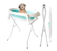 Foldable Elevated Pet Bath Station, Portable Raised Bathtub for Small Dogs & Cats with Drain Hose and Storage Rack, 87cm Full Size Plastic Tub for Back-Saving Pet Cleaning Blue