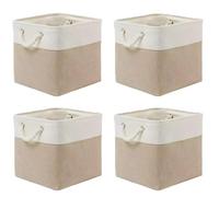 Foldable Fabric Storage Baskets with Cotton Rope Handles, Grey and Beige, 33x33x33cm Cube Organiser Bins for Clothes, Toys, Books, Home and Office, Set of 3 (3, beige)