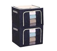 Foldable Fabric Storage Box 66L with Zipper Lid & Front Window - Stackable Organizer for Clothes, Towels, Blankets - Large Capacity, Navy Blue with Polka Dots 66L (Set of 2)