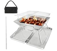 Foldable Fire Pit Grill Portable Fire Pit Collapsible 304 Stainless Steel Grill with iron Carry box Grate Barbeque BBQ Camping stove for Picnics Barbecue Bonfire Patio Backyard Garden Outdoor