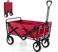 Foldable Garden Cart with Adjustable Handle, Bottle Holder, Durable Wheels, Tote Bag for Camping, Beach, Festivals - Red Outdoor Utility Cart