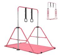Foldable Gymnastics Bar Set with Mat & Rings up to 120 lbs, 4-Level Adjustable Height 89-129 cm, Junior Training Kip Bar with Stable Triangular Frame, Home Gym Equipment for Boys & Girls, (Pink)