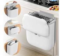 Foldable Hanging Kitchen Food Waste Bin with Lid, 10L Wall Mounted Compost Caddy, White Cabinet Recycling Trash Can for Counter Top, Under Sink, Cupboard Door, Bathroom, RV, Camping, Bedroom