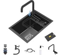 Foldable Hidden Tap inless Steel Kitchen Sink - Single Bowl Camper Sink in Black/Grey, 30x45x22cm, Perfect for Motorhomes & Smals, Space-Saving Design