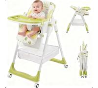 Foldable High Chair Baby, Adjustable Height with 5 Positions, 3-Level Reclining Seat&3 Footrest Levels. Baby High Chair from Birth with Detachable Double Tray.Baby Feeding Chair for Boys &Girls Green