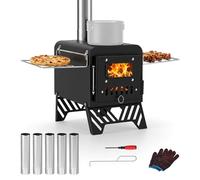 Foldable Hot Tent Stove with 5 Chimney Pipes, Viewing Window, Gloves & Poker - Portable Carbon Steel Wood Burning Camping Stove for Outdoor Cooking and Heating (20x30cm Folded)