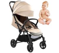 Foldable Infant Stroller,Lightweight Baby Stroller,Compact Baby Toddler Travel Stroller, with Leather Armrests/5-Point Harness/Storage Basket/Canopy,Khaki