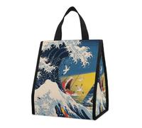 Foldable Japanese The Great Wave Off Kanagawa Insulated Lunch Bag 9L Reusable Leakproof Cooler Tote with Pocket Washable Aluminum Foil Lining Lightweight Thermal Food Storage Bag for Office Picnic Bea