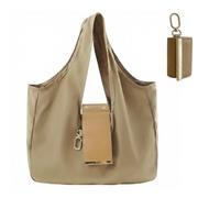 Foldable Keychain Tote Bag, Reusable Compact Mini Purse with Key Ring, Waterproof Expandable Handbag for Daily Shopping, Khaki