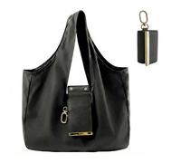 Foldable Keychain Tote Bag, Reusable Compact Mini Purse with Key Ring, Waterproof Expandable Handbag for Daily Shopping, Black