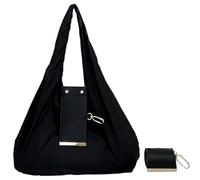 Foldable Keychain Tote Bag with Premium Leather Pouch Expandable Reusable Grocery Shopping Bag Large Capacity Lightweight Portable Handbag for Travel Daily Use (Black)