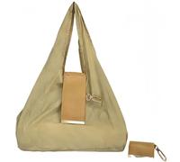 Foldable Keychain Tote Bag with Premium Leather Pouch Expandable Reusable Grocery Shopping Bag Large Capacity Lightweight Portable Handbag for Travel Daily Use (Khaki)