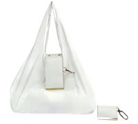 Foldable Keychain Tote Bag with Premium Leather Pouch Expandable Reusable Grocery Shopping Bag Large Capacity Lightweight Portable Handbag for Travel Daily Use (White)