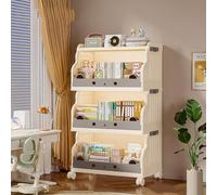 Foldable Kids Bookshelf with Wheels,Mobile Trolley Cart Utility Rolling Cart for Toys and Books, Toy Storage Bookshelf in Bedroom, Living Room and Nursery(3st Floor,Width 53cm)